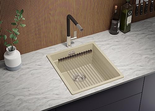 PRIMAGRAN Spülbecken Beige 41x47cm, Granitspüle 1 Becken + Ablauf-Set + Schneidebrett, Küchenspüle ab 45er Unterschrank - Praga Slim von Primagran