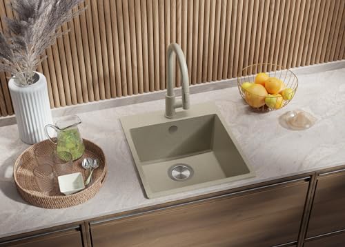 PRIMAGRAN Spülbecken Beige 43x50cm, Granitspüle 1 Becken + Ablauf-Set, Küchenspüle ab 45er Unterschrank - Riga von Primagran