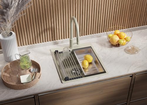 PRIMAGRAN Spülbecken Beige 43x50cm, Granitspüle 1 Becken + Ablauf-Set + Aufrollbare Abtropffläche, Küchenspüle ab 45er Unterschrank - Oslo von Primagran
