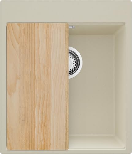 PRIMAGRAN Spülbecken Beige 43x50cm, Granitspüle 1 Becken + Ablauf-Set + Schneidebrett, Küchenspüle ab 45er Unterschrank - Oslo von Primagran
