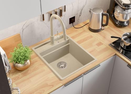 PRIMAGRAN Spülbecken Beige 43x53cm, Granitspüle 1 Becken + Ablauf-Set + Küchenzubehörset, Küchenspüle ab 45er Unterschrank - Oslo Pocket von Primagran
