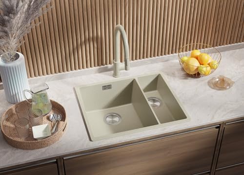 PRIMAGRAN Spülbecken Beige 56x47cm, Granitspüle 1,5 Becken + Ablauf-Set + Aufrollbare Abtropffläche, Küchenspüle ab 60er Unterschrank - London Slim Duo von Primagran