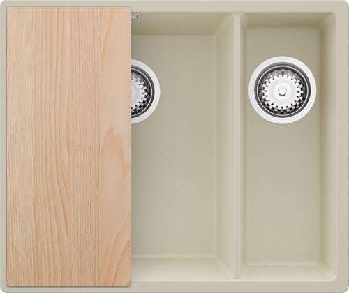 PRIMAGRAN Spülbecken Beige 56x47cm, Granitspüle 1,5 Becken + Ablauf-Set + Schneidebrett, Küchenspüle ab 60er Unterschrank - London Slim Duo PRIMAGRAN Spülbecken Beige 56x47cm, Granitspüle 1,5 Becken + Ablauf-Set + Schneidebrett, Küchenspüle ab 60er Unterschrank - London Slim Duo von Primagran