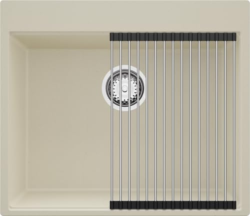 PRIMAGRAN Spülbecken Beige 58x50cm, Granitspüle 1 Becken + Ablauf-Set + Aufrollbare Abtropffläche, Küchenspüle ab 60er Unterschrank - Oslo von Primagran