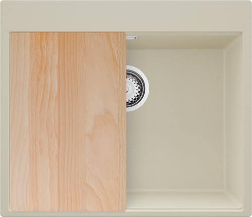 PRIMAGRAN Spülbecken Beige 58x50cm, Granitspüle 1 Becken + Ablauf-Set + Schneidebrett, Küchenspüle ab 60er Unterschrank - Oslo von Primagran