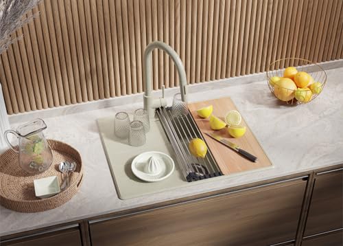 PRIMAGRAN Spülbecken Beige 62x50cm, Granitspüle 1 Becken + Ablauf-Set, Küchenspüle ab 45er Unterschrank - Kopenhagen von Primagran