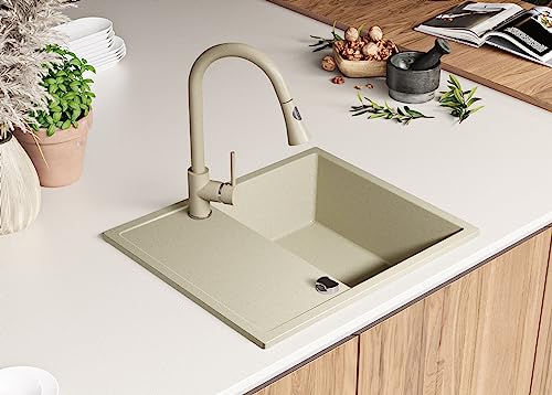 PRIMAGRAN Spülbecken Beige 62x50cm, Granitspüle 1 Becken + Ablauf-Set + Aufrollbare Abtropffläche, Küchenspüle ab 45er Unterschrank - Ibiza PRIMAGRAN Spülbecken Beige 62x50cm, Granitspüle 1 Becken + Ablauf-Set + Aufrollbare Abtropffläche, Küchenspüle ab 45er Unterschrank - Ibiza von Primagran