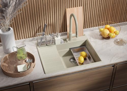 PRIMAGRAN Spülbecken Beige 62x53cm, Granitspüle 1 Becken + Ablauf-Set + Küchenzubehörset, Küchenspüle ab 45er Unterschrank - Sydney Pocket von Primagran