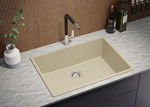 PRIMAGRAN Spülbecken Beige 66x47cm, Granitspüle 1 Becken + Ablauf-Set + Schneidebrett, Küchenspüle ab 70er Unterschrank - London Slim von Primagran