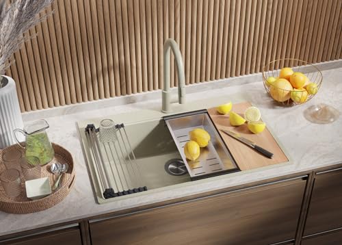 PRIMAGRAN Spülbecken Beige 78x50cm, Granitspüle 1 Becken + Ablauf-Set, Küchenspüle ab 80er Unterschrank - Oslo von Primagran