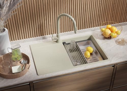 PRIMAGRAN Spülbecken Beige 78x50cm, Granitspüle 1 Becken + Ablauf-Set + Aufrollbare Abtropffläche, Küchenspüle ab 50er Unterschrank - San Francisco von Primagran