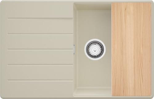 PRIMAGRAN Spülbecken Beige 78x50cm, Granitspüle 1 Becken + Ablauf-Set + Schneidebrett, Küchenspüle ab 50er Unterschrank - Kopenhagen von Primagran