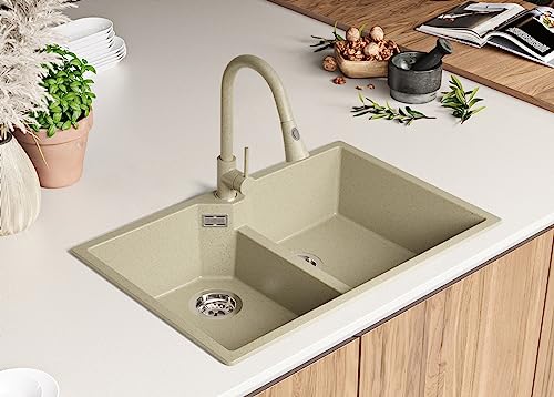 PRIMAGRAN Spülbecken Beige 78x50cm, Granitspüle 2 Becken + Ablauf-Set, Küchenspüle ab 80er Unterschrank - Madrid Twin PRIMAGRAN Spülbecken Beige 78x50cm, Granitspüle 2 Becken + Ablauf-Set, Küchenspüle ab 80er Unterschrank - Madrid Twin von Primagran