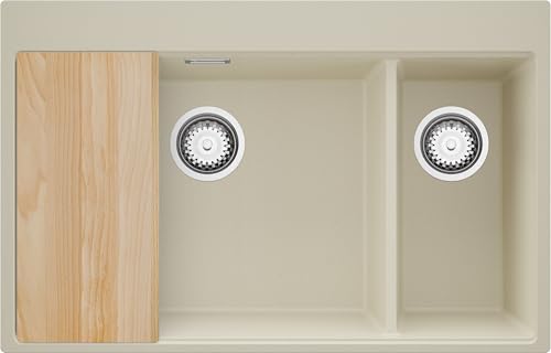 PRIMAGRAN Spülbecken Beige 78x50cm, Granitspüle 2 Becken + Ablauf-Set + Schneidebrett, Küchenspüle ab 80er Unterschrank - Oslo Duo PRIMAGRAN Spülbecken Beige 78x50cm, Granitspüle 2 Becken + Ablauf-Set + Schneidebrett, Küchenspüle ab 80er Unterschrank - Oslo Duo von Primagran