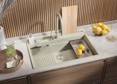 PRIMAGRAN Spülbecken Beige 78x53cm, Granitspüle 1 Becken + Ablauf-Set + Küchenzubehörset, Küchenspüle ab 80er Unterschrank - Oslo Pocket von Primagran