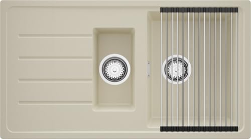 PRIMAGRAN Spülbecken Beige 90x50cm, Granitspüle 1,5 Becken + Ablauf-Set + Aufrollbare Abtropffläche, Küchenspüle ab 60er Unterschrank - Kopenhagen Duo PRIMAGRAN Spülbecken Beige 90x50cm, Granitspüle 1,5 Becken + Ablauf-Set + Aufrollbare Abtropffläche, Küchenspüle ab 60er Unterschrank - Kopenhagen Duo von Primagran