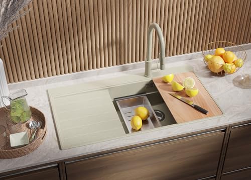PRIMAGRAN Spülbecken Beige 90x50cm, Granitspüle 1 Becken + Ablauf-Set, Küchenspüle ab 60er Unterschrank - Sydney PRIMAGRAN Spülbecken Beige 90x50cm, Granitspüle 1 Becken + Ablauf-Set, Küchenspüle ab 60er Unterschrank - Sydney von Primagran