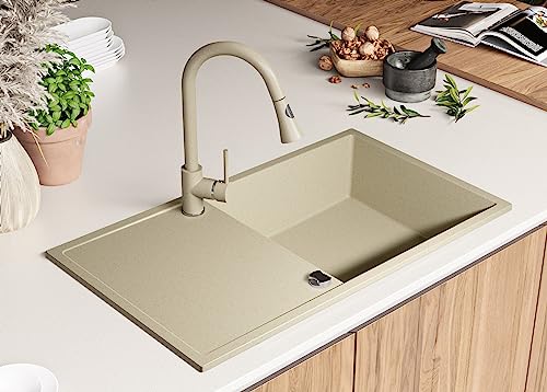 PRIMAGRAN Spülbecken Beige 90x50cm, Granitspüle 1 Becken + Ablauf-Set + Aufrollbare Abtropffläche, Küchenspüle ab 60er Unterschrank - Ibiza PRIMAGRAN Spülbecken Beige 90x50cm, Granitspüle 1 Becken + Ablauf-Set + Aufrollbare Abtropffläche, Küchenspüle ab 60er Unterschrank - Ibiza von Primagran