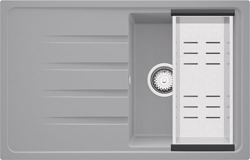 PRIMAGRAN Spülbecken Grau 78x50cm, Granitspüle 1 Becken + Ablauf-Set, Küchenspüle ab 45er Unterschrank - Mailand von Primagran