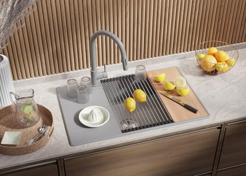 PRIMAGRAN Spülbecken Grau 78x50cm, Granitspüle 1 Becken + Ablauf-Set, Küchenspüle ab 60er Unterschrank - Kopenhagen von Primagran