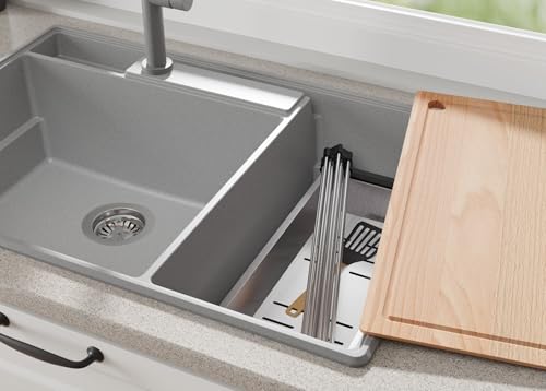 PRIMAGRAN Spülbecken Grau 78x53cm, Granitspüle 2 Becken + Ablauf-Set, Küchenspüle ab 80er Unterschrank - von Primagran