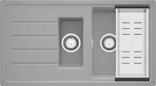 PRIMAGRAN Spülbecken Grau 90x50cm, Granitspüle 1,5 Becken + Ablauf-Set, Küchenspüle ab 60er Unterschrank - Kopenhagen Duo PRIMAGRAN Spülbecken Grau 90x50cm, Granitspüle 1,5 Becken + Ablauf-Set, Küchenspüle ab 60er Unterschrank - Kopenhagen Duo von Primagran