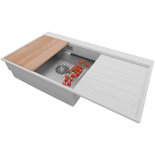 PRIMAGRAN Spülbecken Grau 90x50cm, Granitspüle 1 Becken + Ablauf-Set + Küchenzubehörset, Küchenspüle ab 60er Unterschrank - Venedig von Primagran