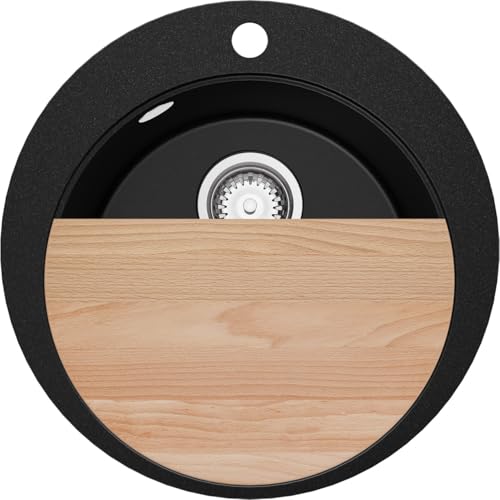 PRIMAGRAN Spülbecken Rund Schwarz 50x50cm, Granitspüle 1 Becken + Ablauf-Set + Schneidebrett, Küchenspüle ab 45er Unterschrank - Pisa von Primagran