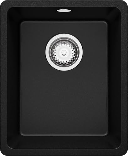 PRIMAGRAN Spülbecken Schwarz 36x44cm, Granitspüle 1 Becken + Ablauf-Set, Küchenspüle ab 40er Unterschrank - Venedig Slim Easy von Primagran