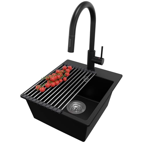 PRIMAGRAN Granitspüle Schwarz 38x44cm, Spülbecken 1 Becken + Ablauf-Set + Küchenarmatur 40x20cm + Aufrollbare Abtropffläche, Küchenspüle ab 40er Unterschrank - Riga Easy von Primagran