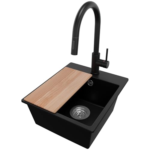 PRIMAGRAN Granitspüle Schwarz 38x44cm, Spülbecken 1 Becken + Ablauf-Set + Küchenarmatur 40x20cm + Schneidebrett, Küchenspüle ab 40er Unterschrank - Riga Easy von Primagran