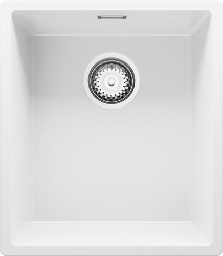 PRIMAGRAN Spülbecken Schwarz 41x47cm, Granitspüle 1 Becken + Ablauf-Set, Küchenspüle ab 45er Unterschrank - London Slim von Primagran