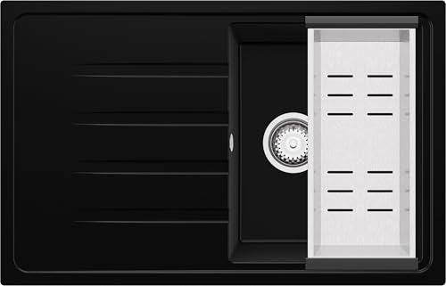 PRIMAGRAN Spülbecken Schwarz 78x50cm, Granitspüle 1 Becken + Ablauf-Set, Küchenspüle ab 45er Unterschrank - Mailand von Primagran