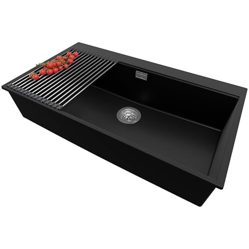 PRIMAGRAN Spülbecken Schwarz 88x50cm, Granitspüle 1 Becken + Ablauf-Set + Aufrollbare Abtropffläche, Küchenspüle ab 90er Unterschrank - Oslo PRIMAGRAN Spülbecken Schwarz 88x50cm, Granitspüle 1 Becken + Ablauf-Set + Aufrollbare Abtropffläche, Küchenspüle ab 90er Unterschrank - Oslo von Primagran