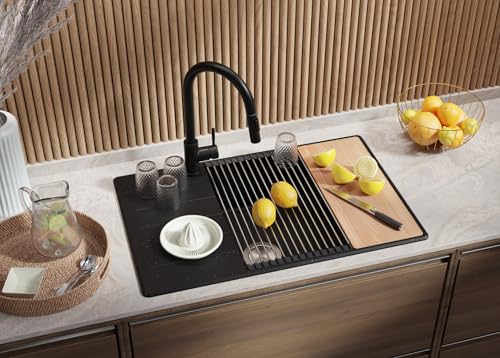 PRIMAGRAN Spülbecken Schwarz Metallic 78x50cm, Granitspüle 1 Becken + Ablauf-Set, Küchenspüle ab 60er Unterschrank - Kopenhagen von Primagran