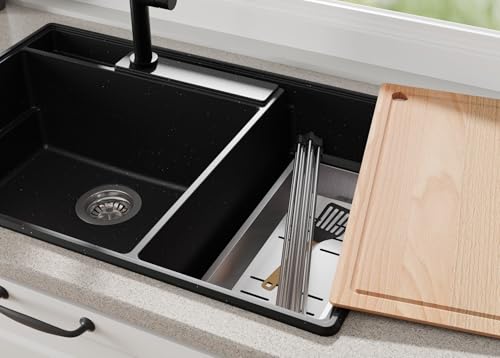 PRIMAGRAN Spülbecken Schwarz Metallic 78x53cm, Granitspüle 2 Becken + Ablauf-Set, Küchenspüle ab 80er Unterschrank - von Primagran
