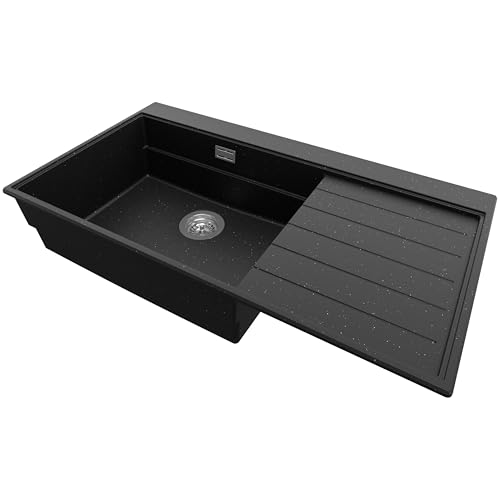 PRIMAGRAN Spülbecken Schwarz Metallic 90x50cm, Granitspüle 1 Becken + Ablauf-Set, Küchenspüle ab 60er Unterschrank - Venedig von Primagran