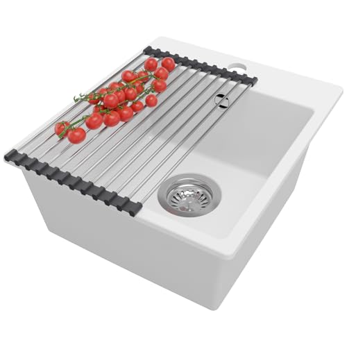 PRIMAGRAN Spülbecken Weiß 38x44cm, Granitspüle 1 Becken + Ablauf-Set + Aufrollbare Abtropffläche, Küchenspüle ab 40er Unterschrank - Riga Easy von Primagran