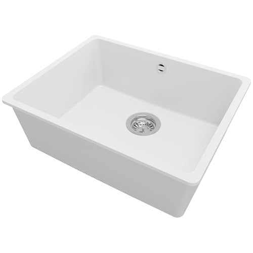 PRIMAGRAN Spülbecken Weiß 56x44cm, Granitspüle 1 Becken + Ablauf-Set, Küchenspüle ab 60er Unterschrank - Venedig Slim Easy von Primagran