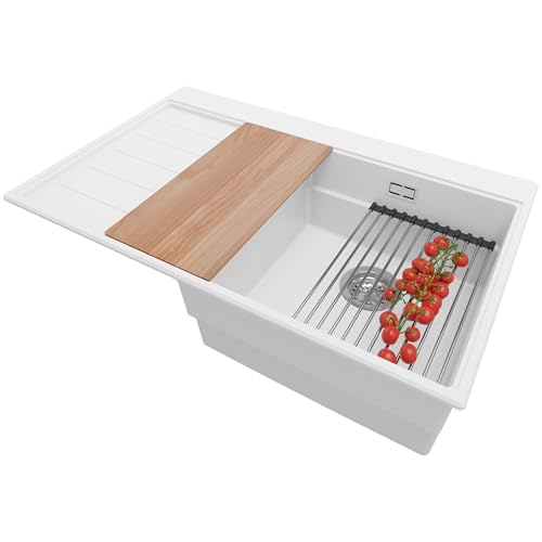 PRIMAGRAN Spülbecken Weiß 78x50cm, Granitspüle 1 Becken + Ablauf-Set + Küchenzubehörset, Küchenspüle ab 45er Unterschrank - Sydney PRIMAGRAN Spülbecken Weiß 78x50cm, Granitspüle 1 Becken + Ablauf-Set + Küchenzubehörset, Küchenspüle ab 45er Unterschrank - Sydney von Primagran