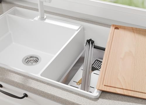 PRIMAGRAN Spülbecken Weiß 78x53cm, Granitspüle 2 Becken + Ablauf-Set, Küchenspüle ab 80er Unterschrank - von Primagran