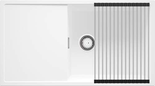 PRIMAGRAN Spülbecken Weiß 90x50cm, Granitspüle 1 Becken + Ablauf-Set + Aufrollbare Abtropffläche, Küchenspüle ab 60er Unterschrank - Ibiza von Primagran