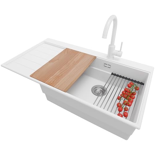 PRIMAGRAN Spülbecken Weiß 90x50cm, Granitspüle 1 Becken + Ablauf-Set + Küchenzubehörset, Küchenspüle ab 60er Unterschrank - Venedig von Primagran