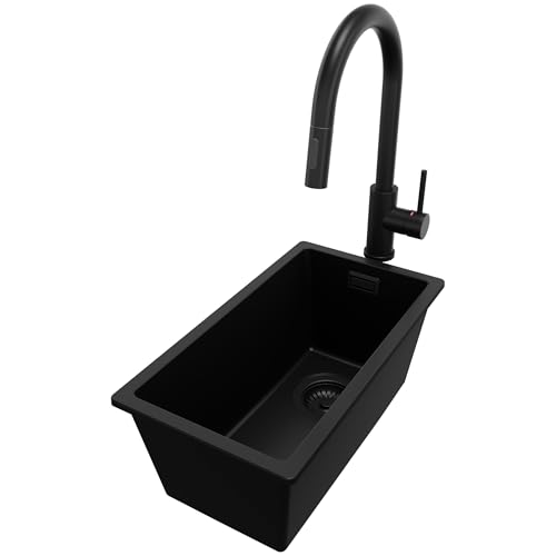 PRIMAGRAN Unterbauspüle Granit Alles Schwarz 26x47cm, Spülbecken 1 Becken + Küchenarmatur 40x20cm + Ablauf-Set, Granitspüle ab 30er Unterschrank - London von Primagran