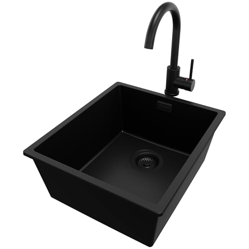 PRIMAGRAN Unterbauspüle Granit Alles Schwarz 41x47cm, Spülbecken 1 Becken + Küchenarmatur 32x20cm + Ablauf-Set, Granitspüle ab 45er Unterschrank - London PRIMAGRAN Unterbauspüle Granit Alles Schwarz 41x47cm, Spülbecken 1 Becken + Küchenarmatur 32x20cm + Ablauf-Set, Granitspüle ab 45er Unterschrank - London von Primagran