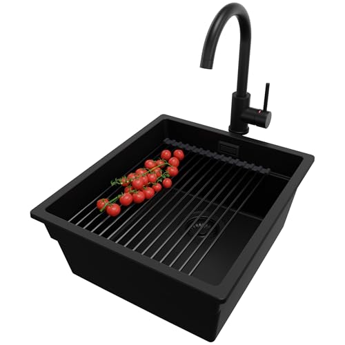 PRIMAGRAN Unterbauspüle Granit Alles Schwarz 41x47cm, Spülbecken 1 Becken + Küchenarmatur 32x20cm + Ablauf-Set + Aufrollbare Abtropffläche, Granitspüle ab 45er Unterschrank - Praga PRIMAGRAN Unterbauspüle Granit Alles Schwarz 41x47cm, Spülbecken 1 Becken + Küchenarmatur 32x20cm + Ablauf-Set + Aufrollbare Abtropffläche, Granitspüle ab 45er Unterschrank - Praga von Primagran