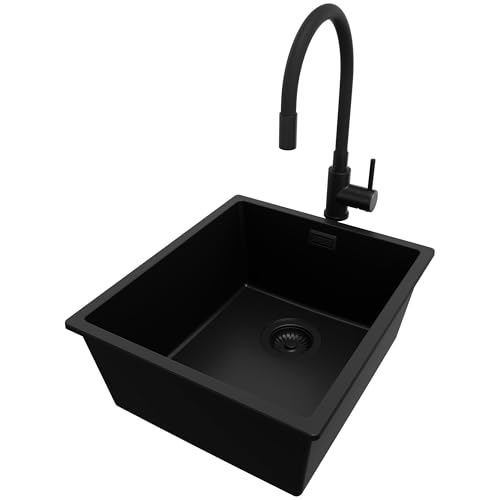 PRIMAGRAN Unterbauspüle Granit Alles Schwarz 41x47cm, Spülbecken 1 Becken + Küchenarmatur 40x38cm + Ablauf-Set, Granitspüle ab 45er Unterschrank - London PRIMAGRAN Unterbauspüle Granit Alles Schwarz 41x47cm, Spülbecken 1 Becken + Küchenarmatur 40x38cm + Ablauf-Set, Granitspüle ab 45er Unterschrank - London von Primagran