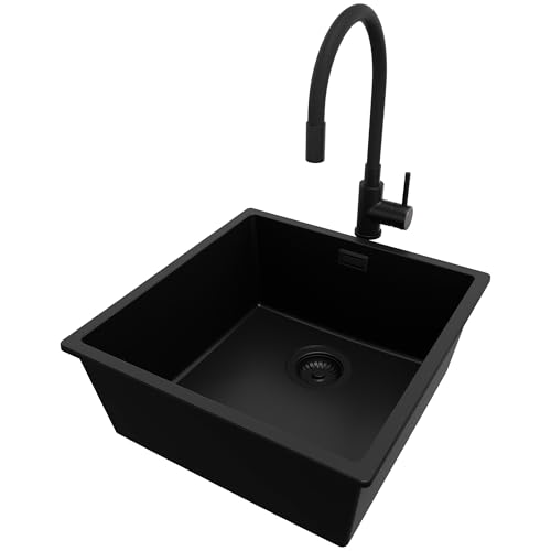 PRIMAGRAN Unterbauspüle Granit Alles Schwarz 46x47cm, Spülbecken 1 Becken + Küchenarmatur 40x38cm + Ablauf-Set, Granitspüle ab 50er Unterschrank - London von Primagran