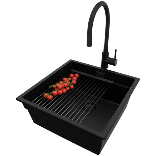 PRIMAGRAN Unterbauspüle Granit Alles Schwarz 46x47cm, Spülbecken 1 Becken + Küchenarmatur 40x38cm + Ablauf-Set + Aufrollbare Abtropffläche, Granitspüle ab 50er Unterschrank - Praga PRIMAGRAN Unterbauspüle Granit Alles Schwarz 46x47cm, Spülbecken 1 Becken + Küchenarmatur 40x38cm + Ablauf-Set + Aufrollbare Abtropffläche, Granitspüle ab 50er Unterschrank - Praga von Primagran