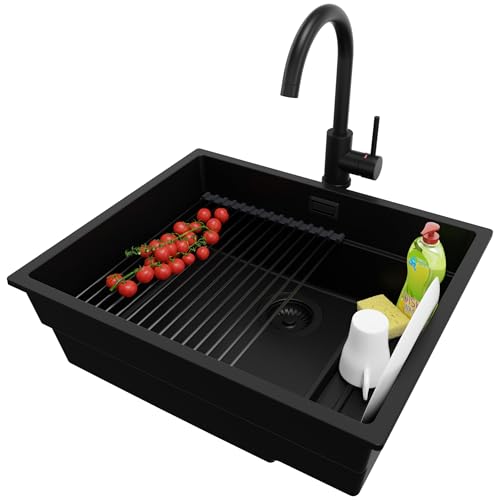 PRIMAGRAN Unterbauspüle Granit Alles Schwarz 56x47cm, Spülbecken 1 Becken + Küchenarmatur 32x20cm + Ablauf-Set + Aufrollbare Abtropffläche, Granitspüle ab 60er Unterschrank - Praga PRIMAGRAN Unterbauspüle Granit Alles Schwarz 56x47cm, Spülbecken 1 Becken + Küchenarmatur 32x20cm + Ablauf-Set + Aufrollbare Abtropffläche, Granitspüle ab 60er Unterschrank - Praga von Primagran